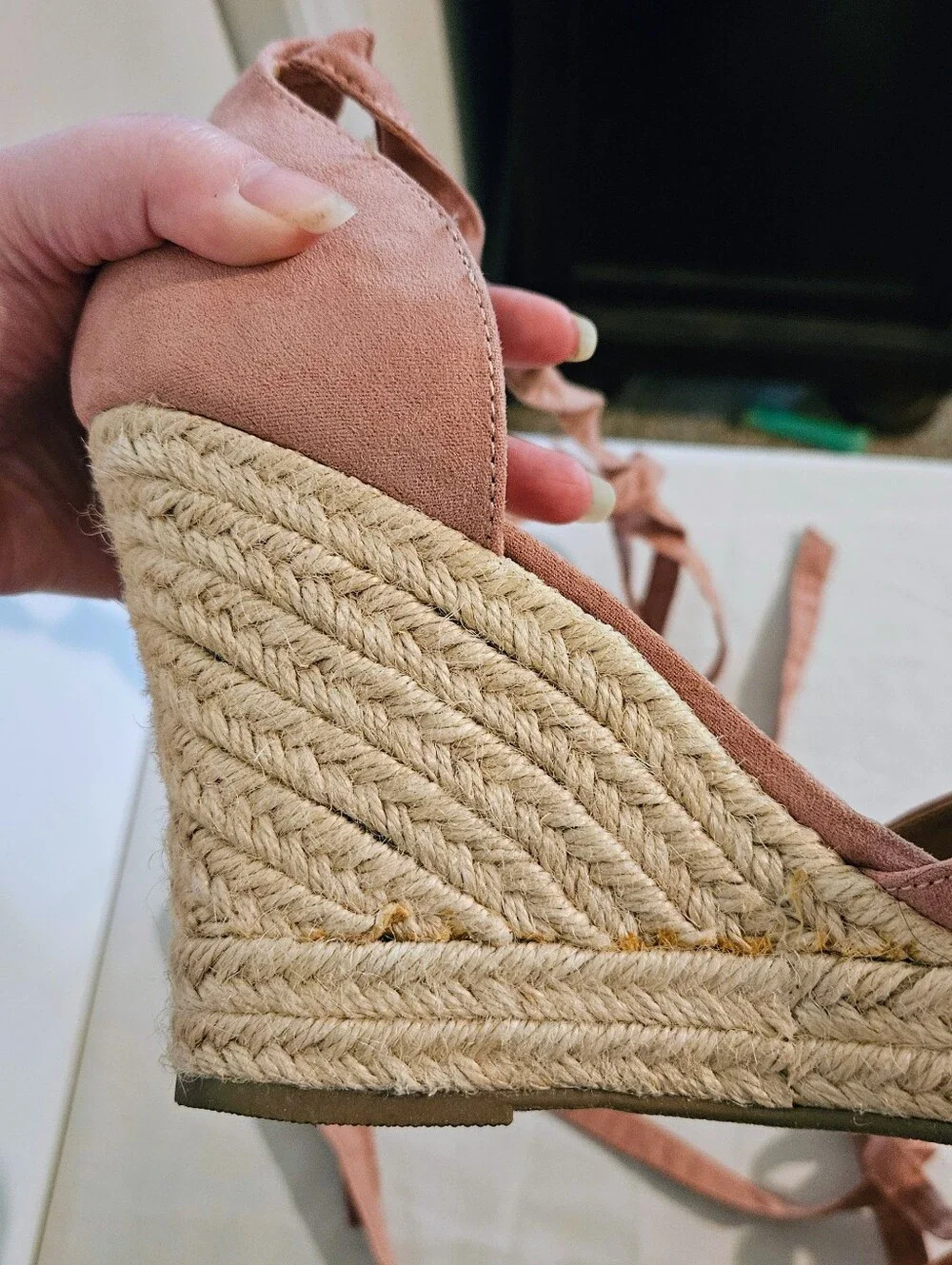 Brash Escape Dusty Rose Mauve Faux Suede Espadrille Wedge Sandals Ankle Tie 7.5